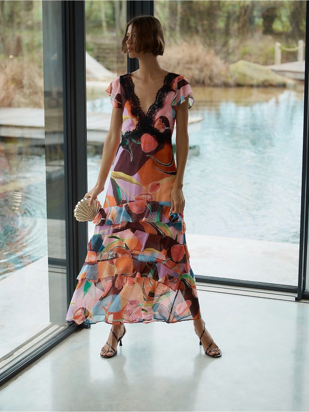 Next Floral Multicolor V-Neck Tiered Maxi Dress with Lace 6P